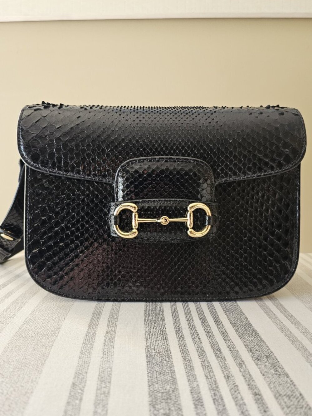 Gucci 1955 Horsebit Shoulder Bag in Exotic Black Python Leather